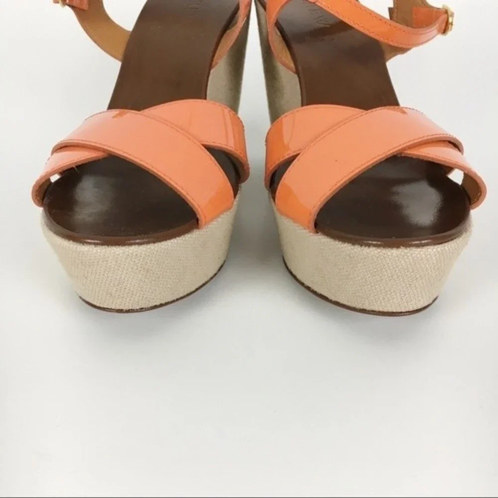 JCREW J CREW Size 7 Orange Patent Leather Strappy Wedges‎ Platform Heels Sandals